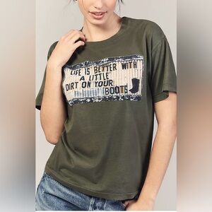 Letluv By Anthropology Top Tshirt Sz S Green Cowgirl Dirt On Your Boots USA Made